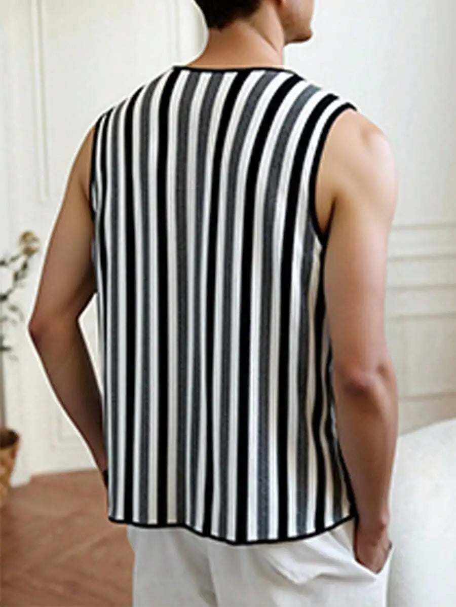 Men's Sleeveless Striped Knit Vest Top - Casual Summer Wear