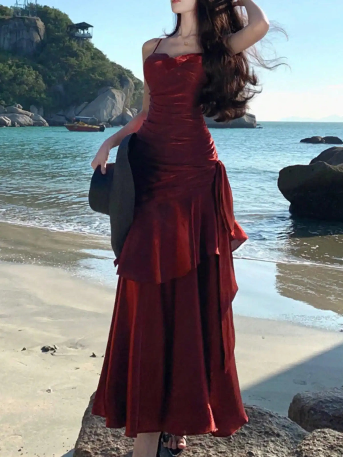 Burgundy Satin Mermaid Dress with Ruched Bodice and Spaghetti Straps for Formal Events