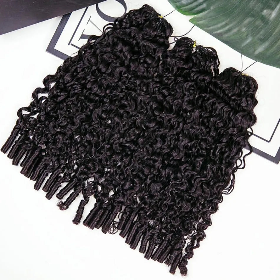 Burmese Curly Crochet Human Hair Extension Water Wave Brazilian Weave Pre Separated Knotless Feather Crochet Hair Bundles Black