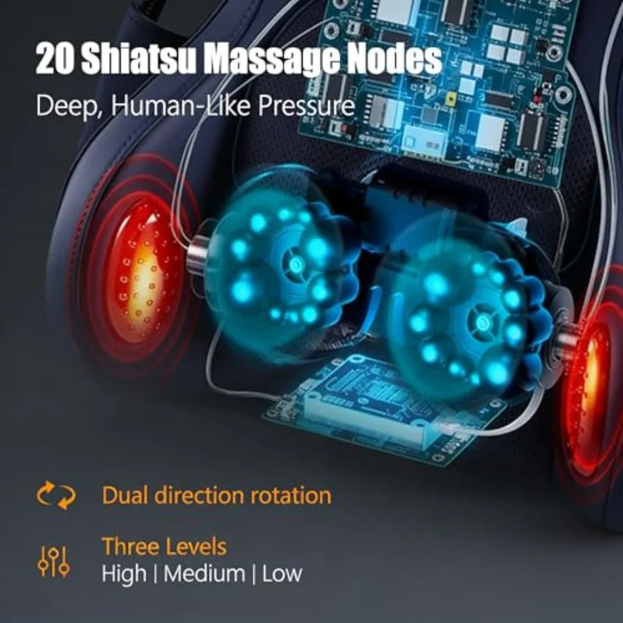 Shiatsu Neck and Back Massager with Heat Deep Tissue Massage Cushion for Pain Relief 20-Node Kneading Vibration Infrared Heatin