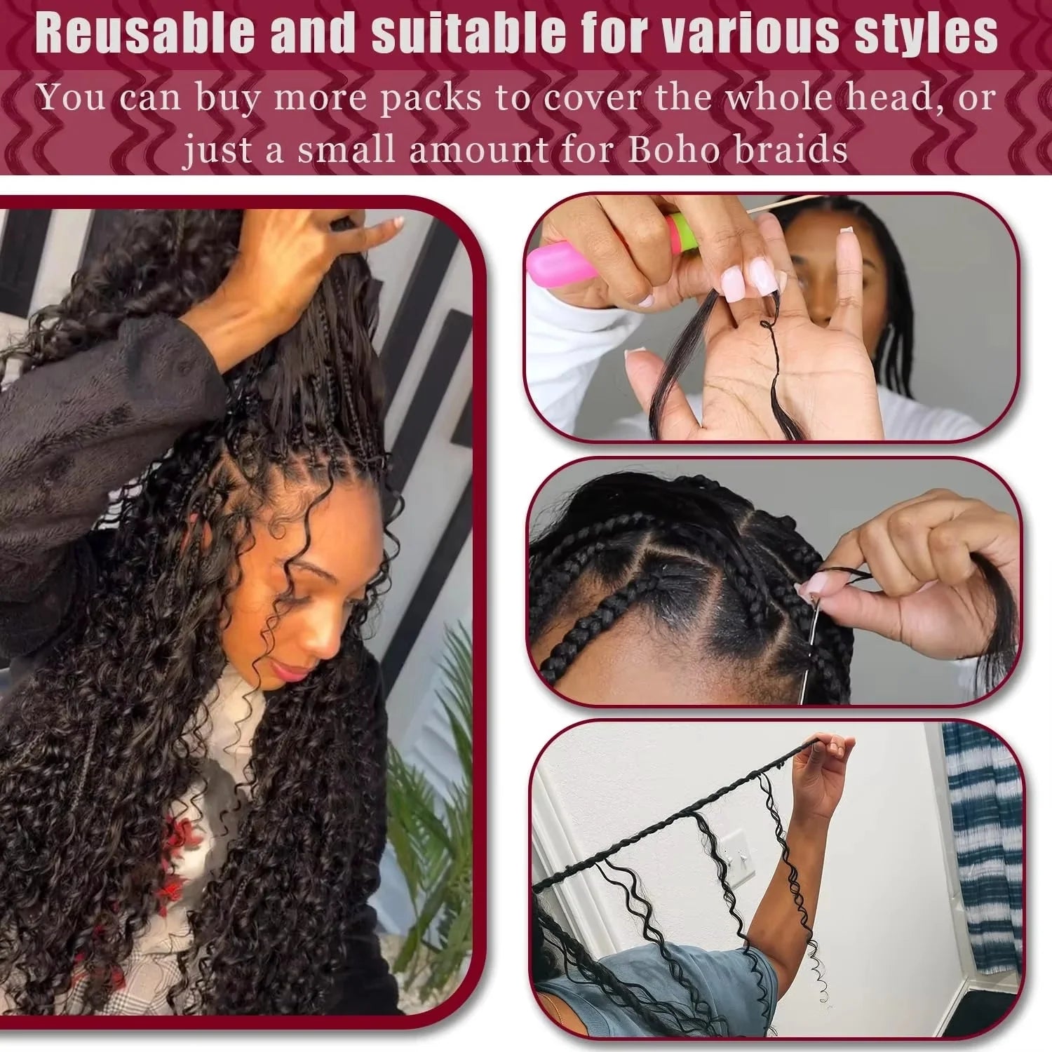 Deep Wave Crochet Human Hair Extensions Knotless Pre-Separated Curly Crochet Braids Weight Reusable Brazilian Hair Extension