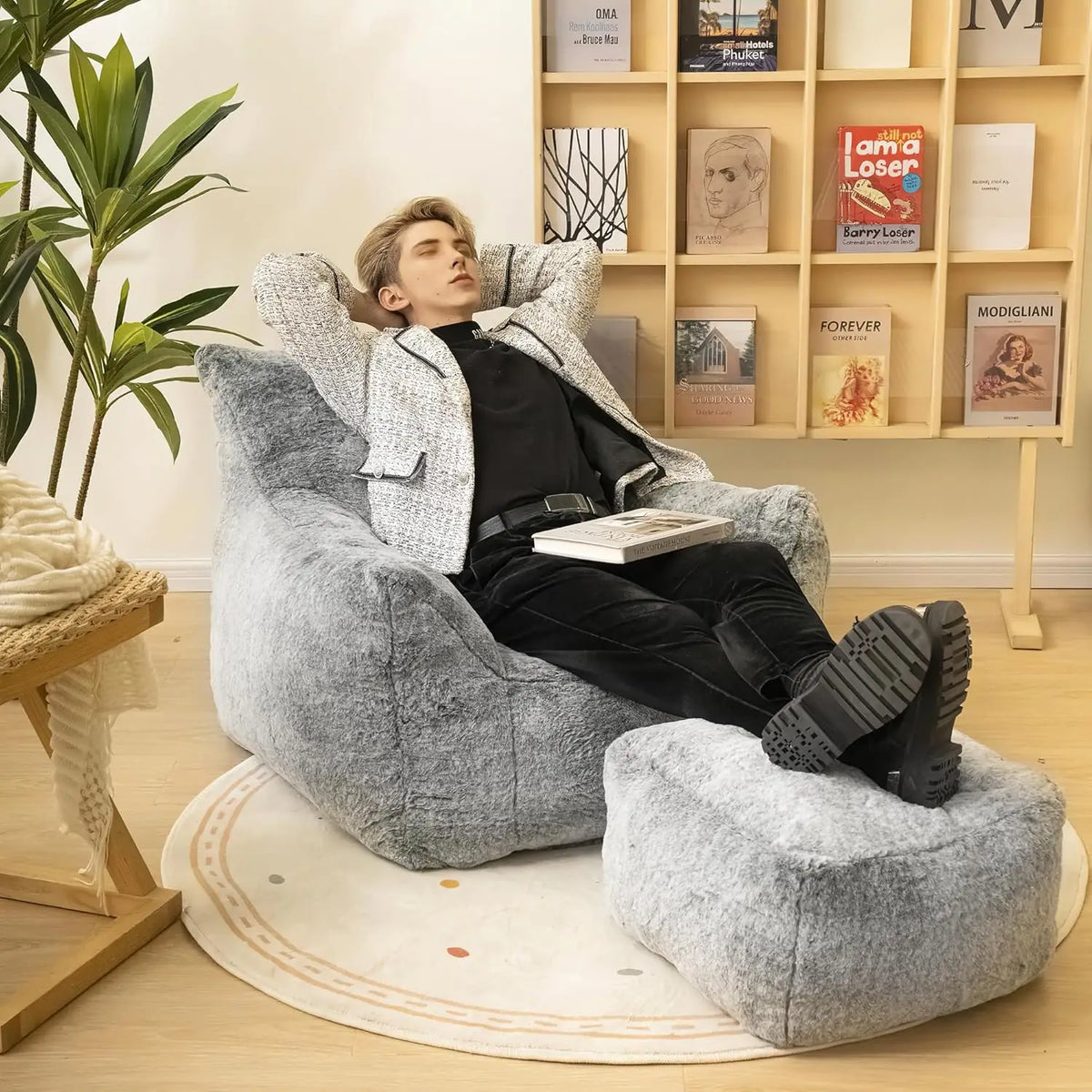 Limited-time offerBean Bag Chair with Ottoman, Armrest Bean Bag Chairs with Filler, Ultra Soft Fluffy Faux Fur Bean Bag Chair wi