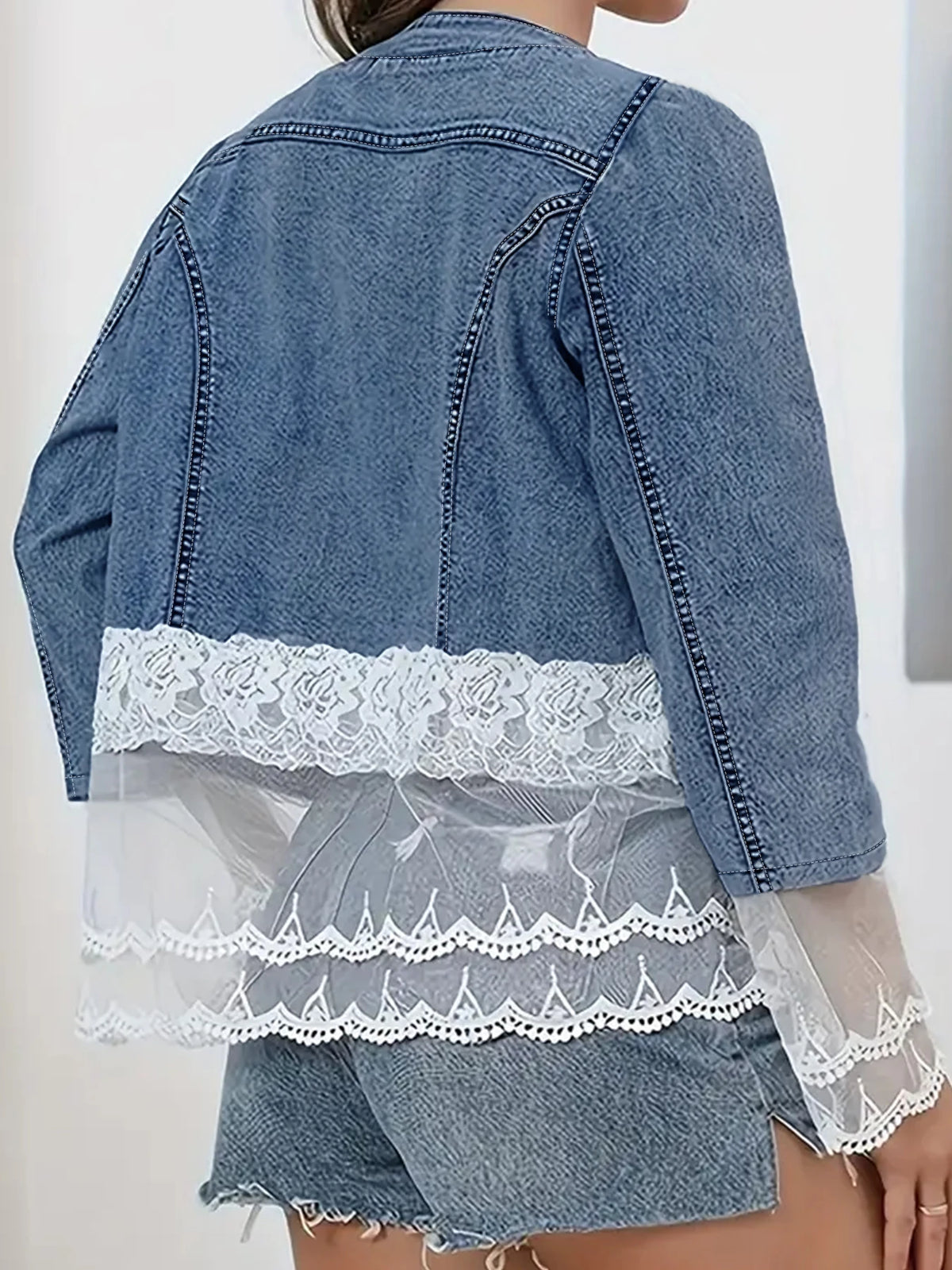 Plus Size Women's Short Denim Jacket Pearl Lace Design Elegant Comfortable Oversized Ladies' Jeans Jacket