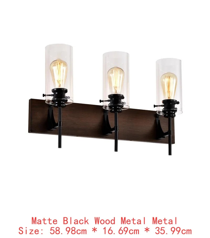 3-Light Matte Black and Wood Vanity Light Fixture, Modern Bathroom Lighting with Glass Shade for Mirror, Kitchen, Dining Room,