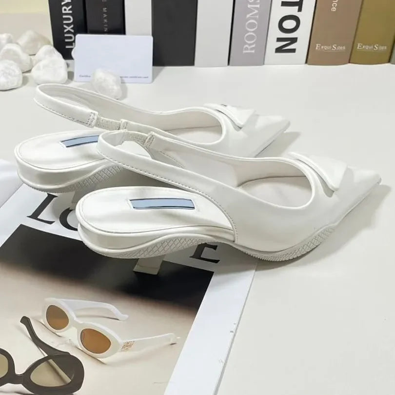 kitten Slingback Women Designer High Heels Dress Shoes Designer Pumps Black Leather Pointed Toe Sandals Slingbacks Pump White He