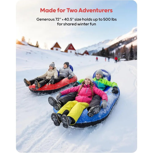 2-Person Inflatable Snow Tube with Dual Backrests & Tow Rope, Heavy Duty Canvas-Covered Blow Up Snow Sled with Handles, Fast Inf