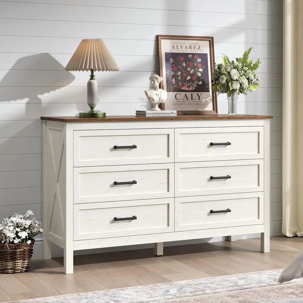 Dresser for Bedroom, 6 Drawers Dresser with Natural Texture, Wood Rustic Wide Chest for Bedroom, Hallway, Entryway, Antique Whit
