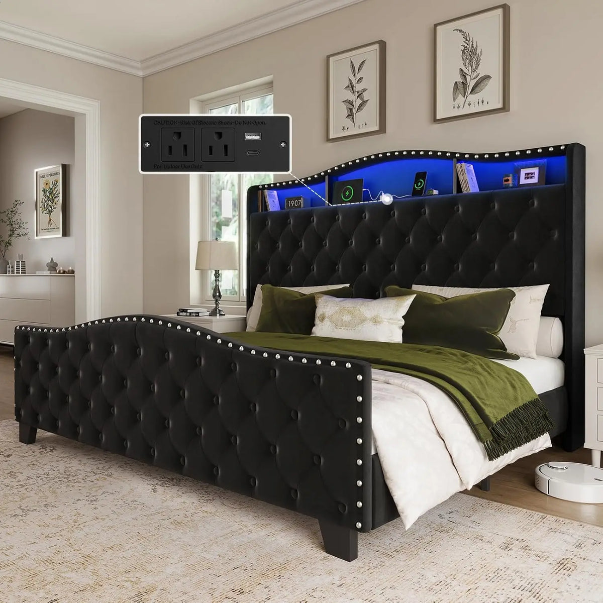 Upholstered Wingback Bed Frame LED Lights Storage Charging Station Tufted No Box Spring, Customized