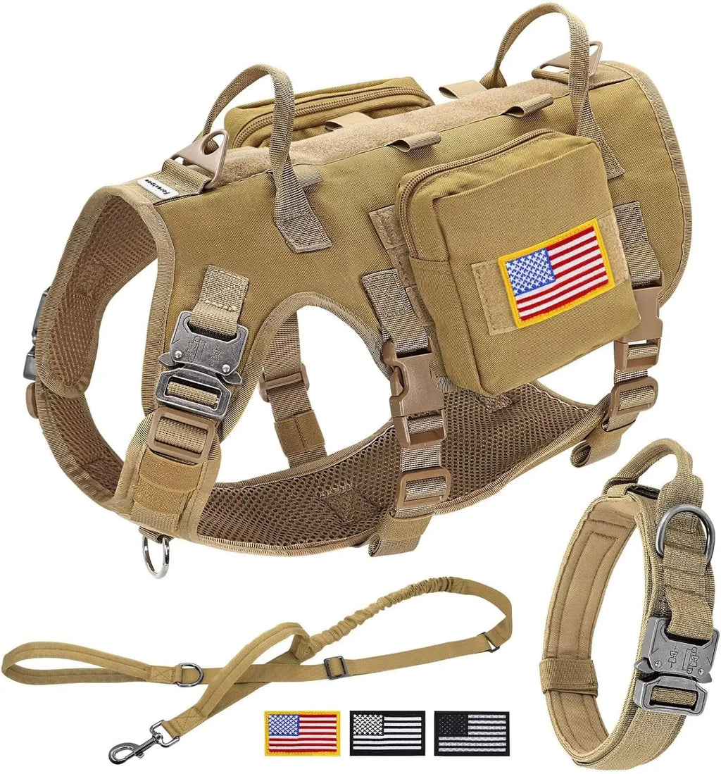 Tactical Dog Harness Set with Bungee Leash, Adjustable for Medium to Large Dogs, No-Pull Control, Khaki Color