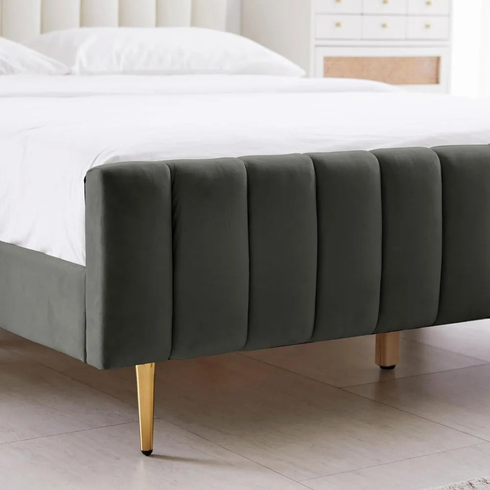 King Size Elton Velvet Platform Bed, Upholstered Bed Frame with Vertical Channel Tufted Headboard Footboard, Customized