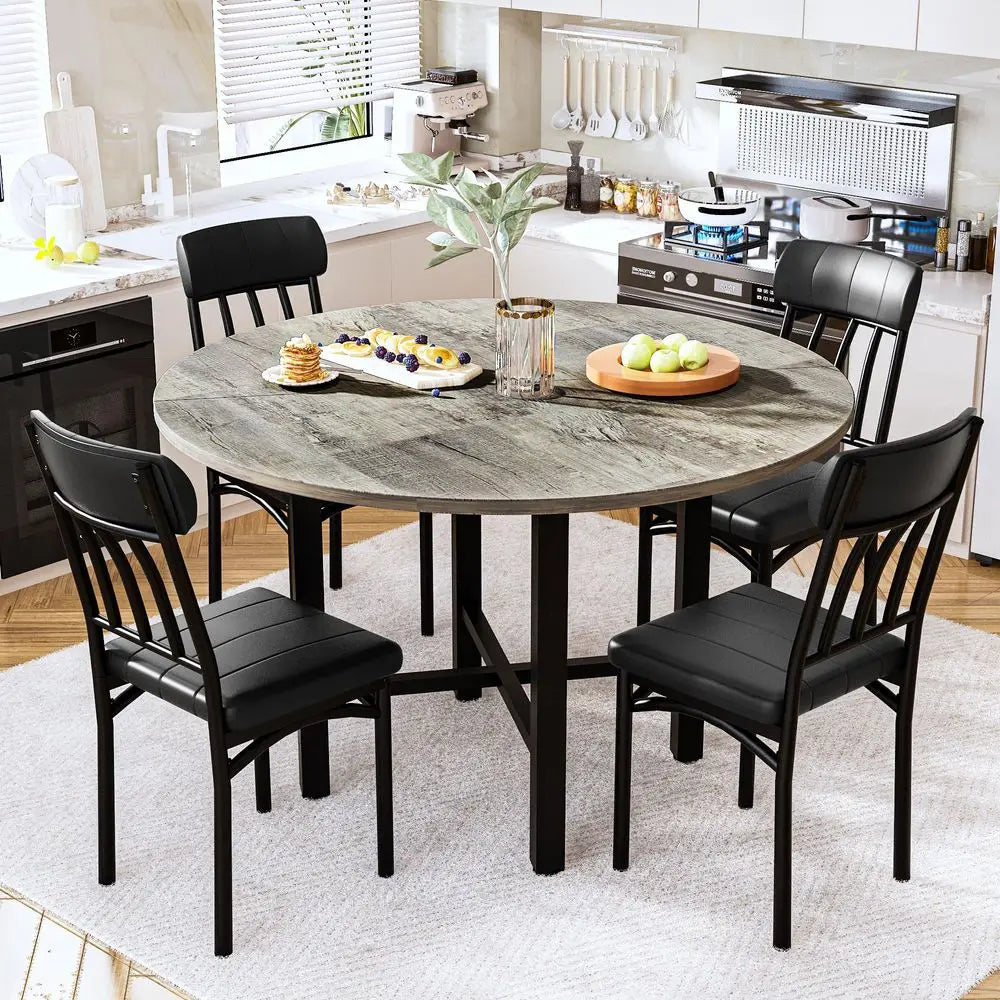 Round Dining Table Set for 4, Wood Circle Kitchen Table and Chairs Set for 4, Modern Dining Room Sets with 4 Faux Leather Chairs