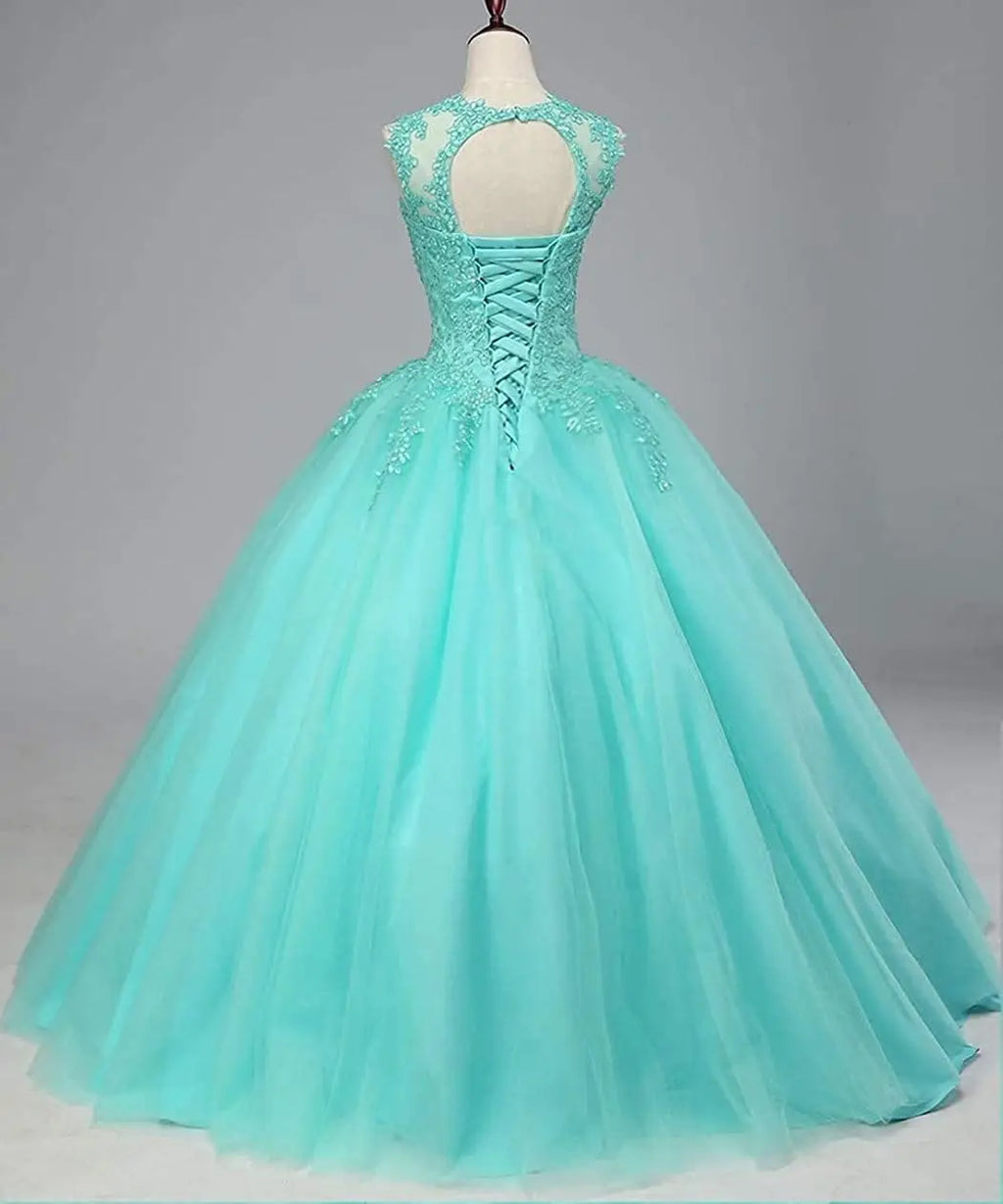 Women's Beaded Appliques Prom Dress Long Ball Gown Quinceanera Dresses Tulle Formal Sweet 16 Dress for Teens