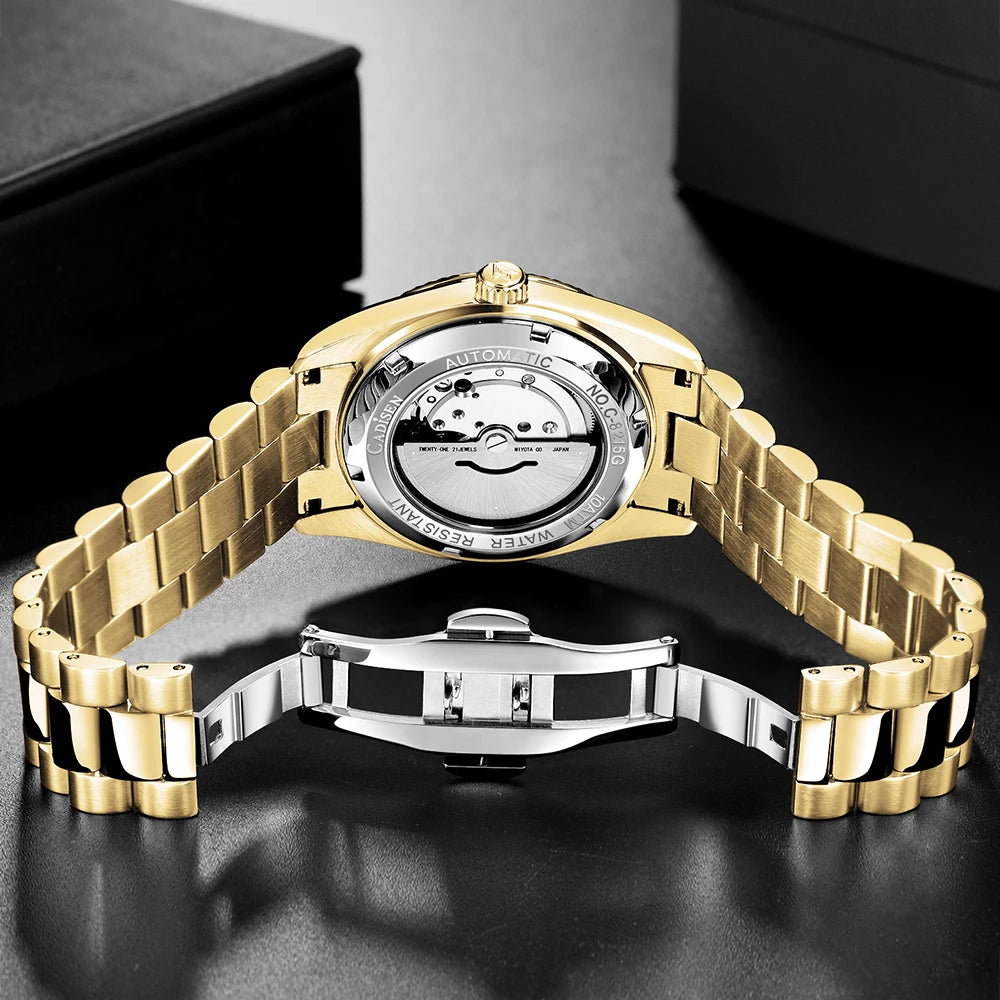 CADISEN Men Watches Luxury Golden Automatic Mechanical Watch Men Sapphire Glass 10Bar MIYOTA 8285 Movement DD40 Week Wristwatch