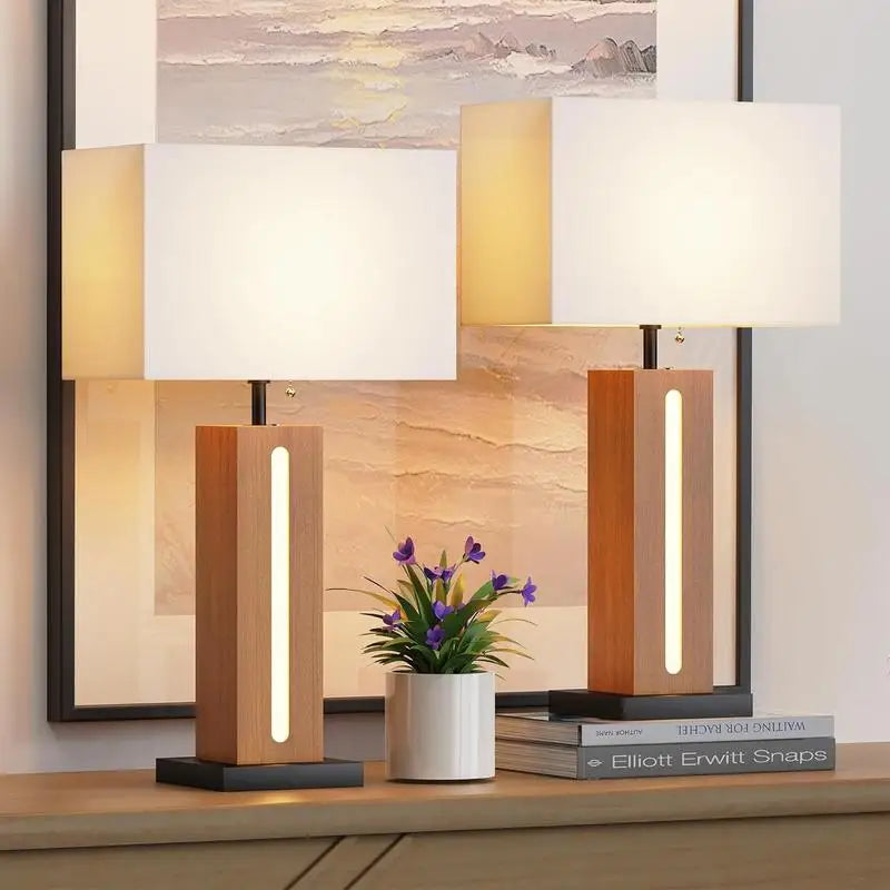 Set of 2 Modern Dimmable Bedside Lamps with LED Nightlight, Rustic Square Wood Grain Nightstand Lamps with Linen Shades for