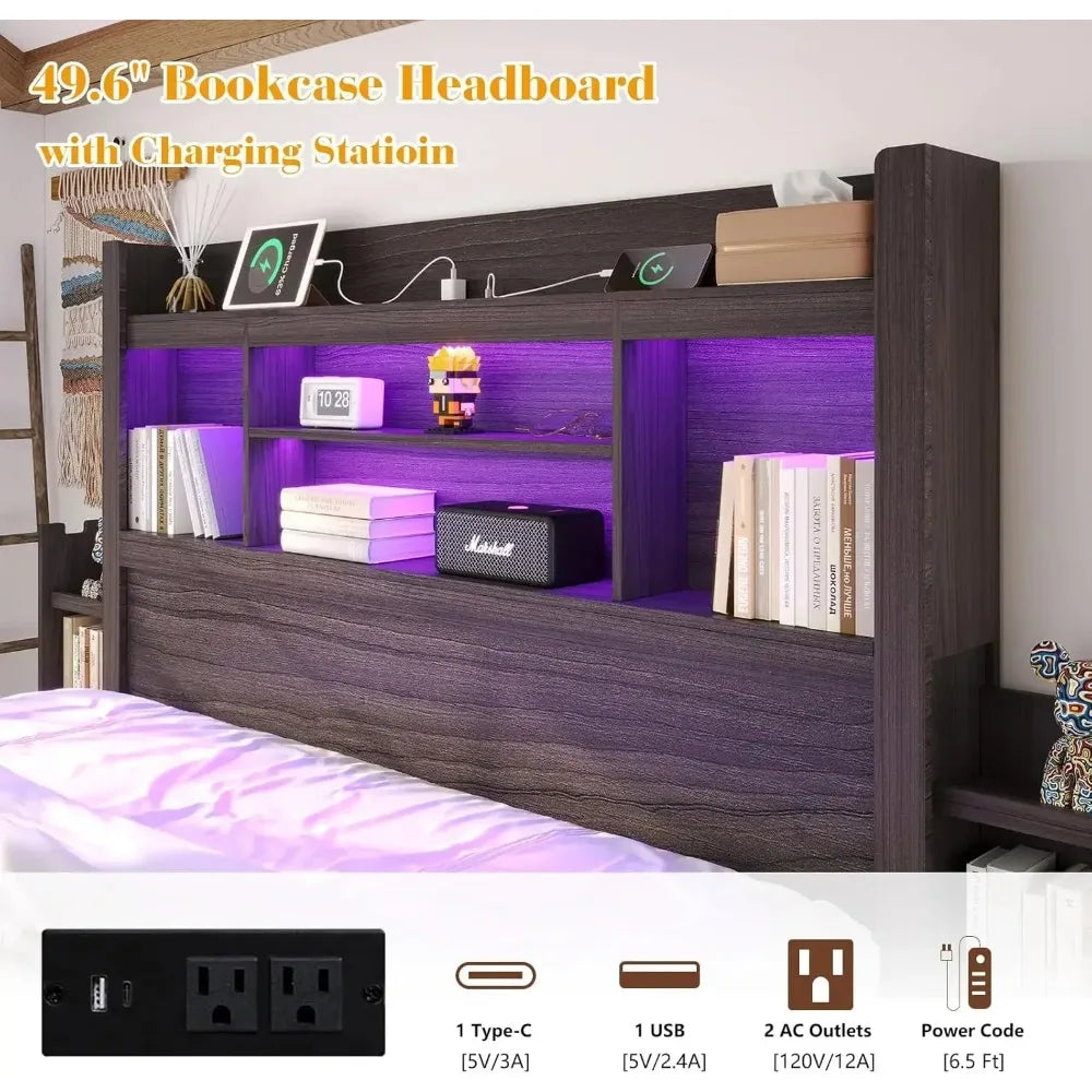 Queen Bed Frame with 49.6" Bookcase Headboard & 2 Bedside Stoage Racks & 4 Drawers, Farmhouse Wood Bed Frame