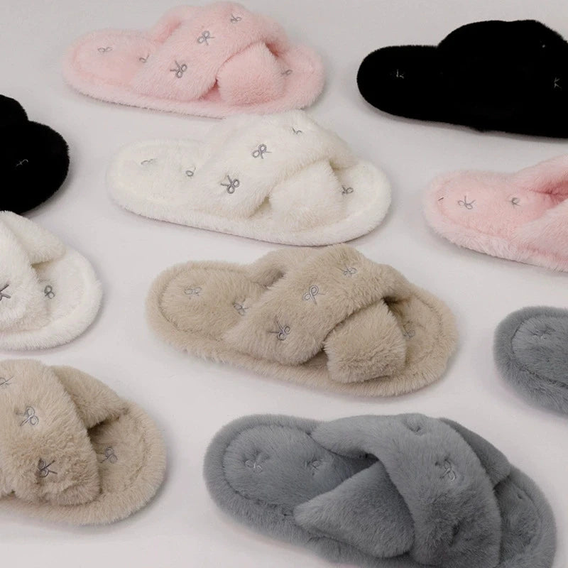 Bowknot Embroidery Plush Slippers Women Fashion Cross Strap Indoor Cotton Slides Woman Flat Heel Home Furry Slippers Mujer