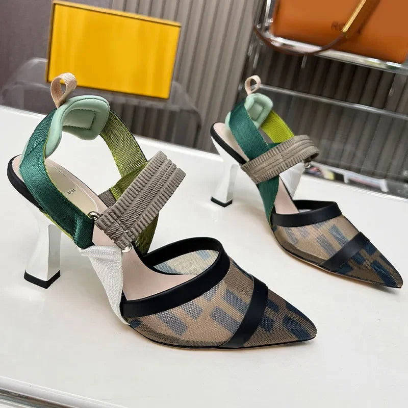 Mesh Fabric Slingbacks Women Designer Pumps Flat Sandals Colorful Hollow Out Women Slingback Metal High Heels Shoes Dress Shoes