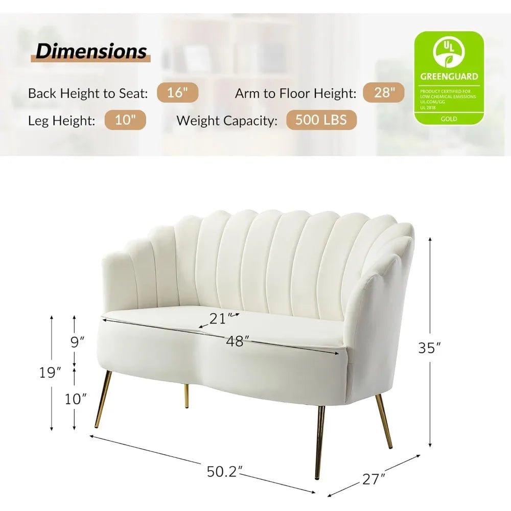 Modern Velvet Loveseat Sofa with Flower Shaped Back, Comfy Upholstered 2-Seater Sofa with Gold Metal Legs, Small Love Seat Acce