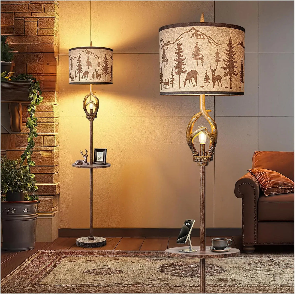 Rustic Antler Floor Lamp with Tray and Night Light, Farmhouse Vintage Decor for Living Room Bedroom Office