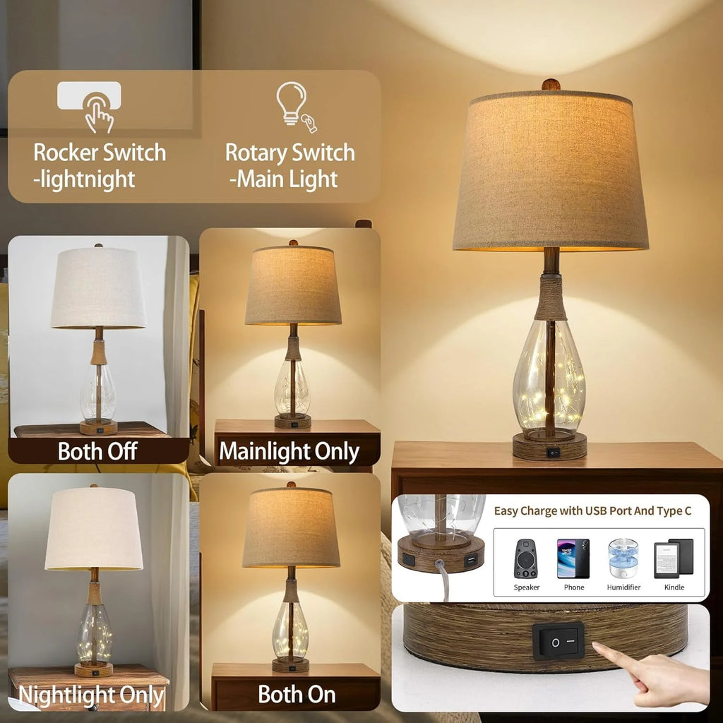 Modern Farmhouse Nightstand Lamps Set of 2 with USB Charging, Rattan Glass Design for Bedroom Living Room