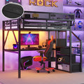 Queen Loft Bed with Desk and Charging Station, Queen Size Metal Loft Bed with Stairs and Light, Black
