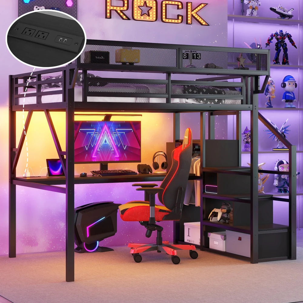 Queen Loft Bed with Desk and Charging Station, Queen Size Metal Loft Bed with Stairs and Light, Black