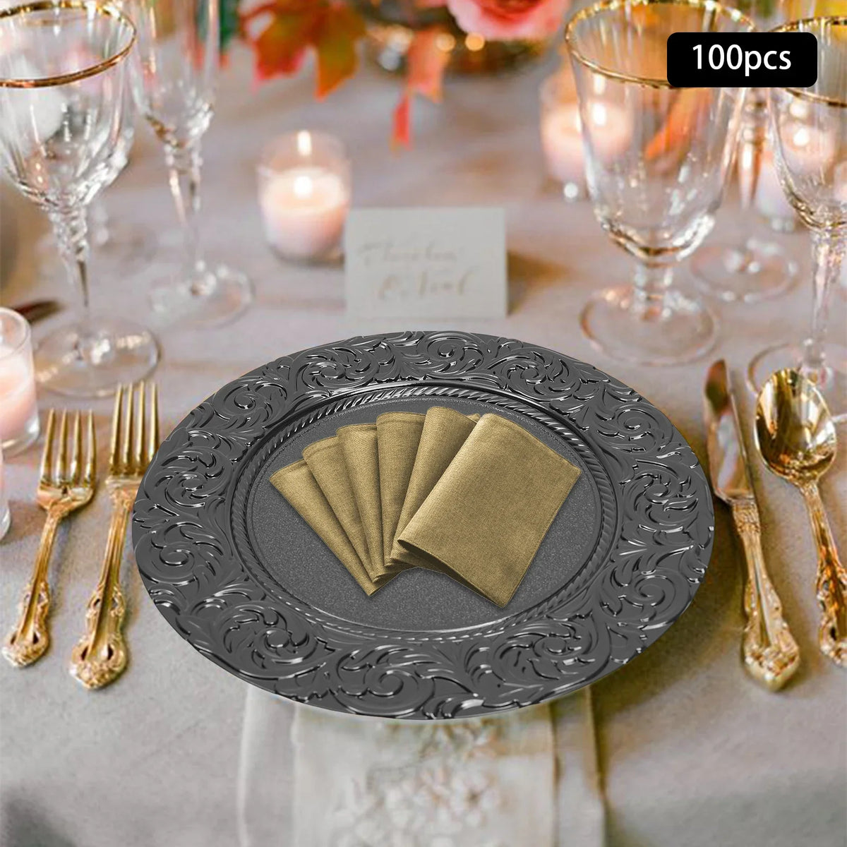100 PCS Black Charger Plates Set Elegant Wedding Party Decor12.99 Inch Reusable Plastic Serving Trays for Table Setting Birthday