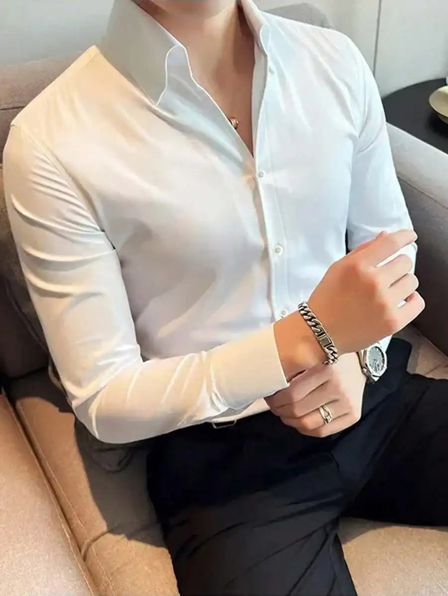 Men's Solid Cream Slim Fit Long Sleeve Button-Down Shirt for Business Casual Wear