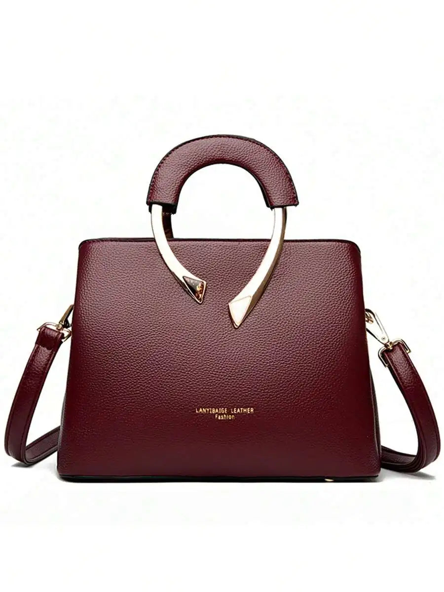 Burgundy Top-Handle Handbag with Metal Arch Handle and Textured Faux Leather