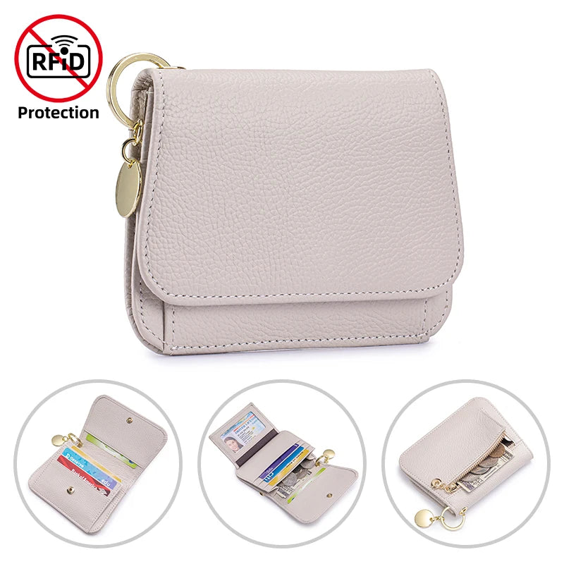 Women Genuine Leather Slim TriFold Wallet Credit Card Holder With Zipper Coin Pouch, ID Window & Keychain