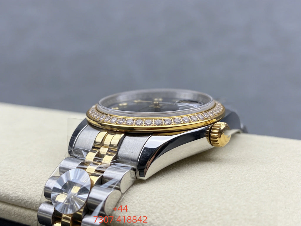 Customized luxury women's watch, featuring a 36mm dial, scratch-resistant sapphire crystal, stainless steel strap, and fully au