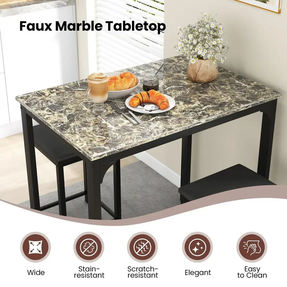 3Piece Dining Table Set for 2, Kitchen Counter Height Table and Chairs Set with Faux Marble Tabletop, Padded Stools, Modern Bar