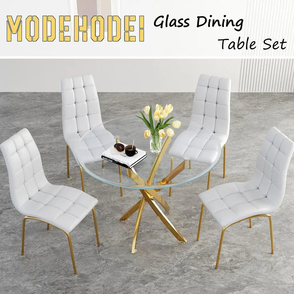 Glass Dining Table Set, Round Kitchen Table Set for 4 with Gold Glass Table and 4 White Faux Leather Upholstered Dining Chair fo