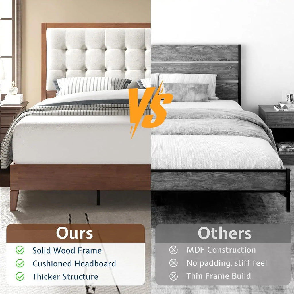 Solid Wood Queen Size Bed Frame 50.2" Tall Upholstered Headboard, No Box Spring Needed, Walnut, Customized