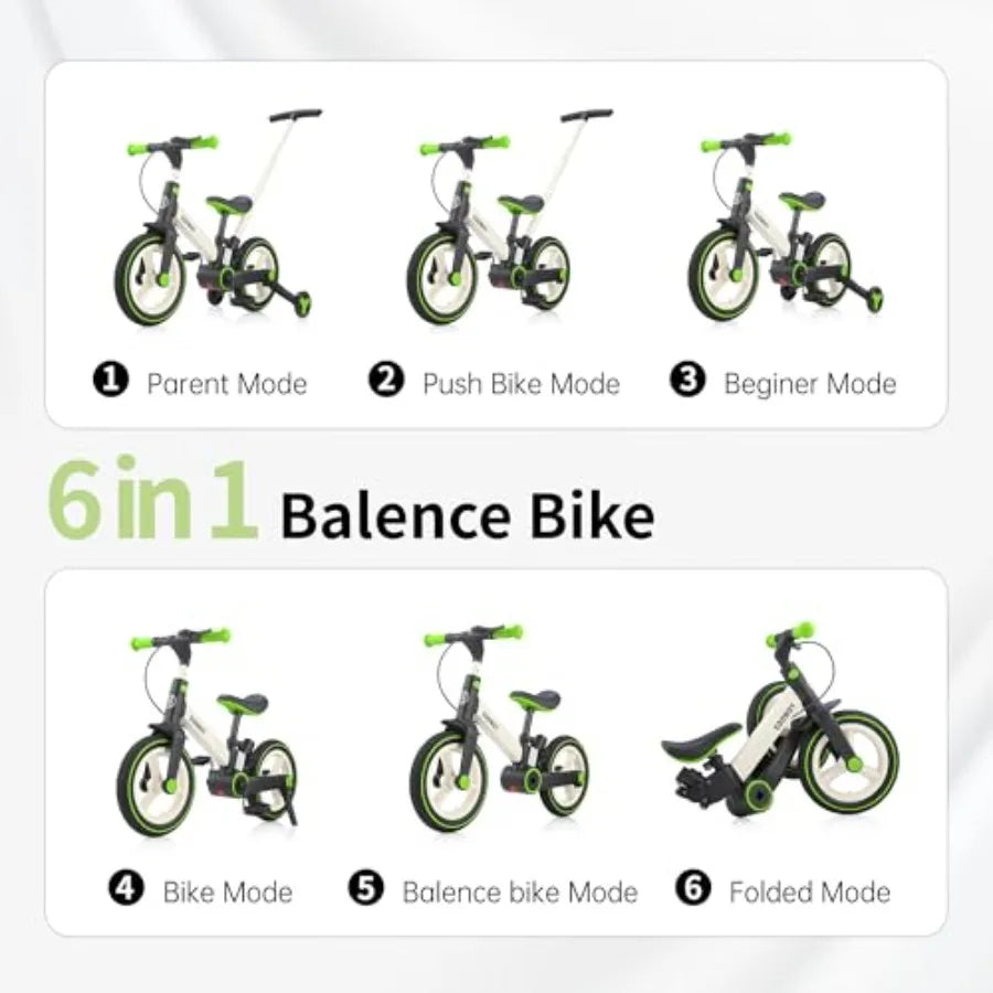 6 in 1 Foldable Balance Bike with Push Handle for 18-60 Months Training Wheels Pedals Blue Balance Bicycle for Boys and Girls w