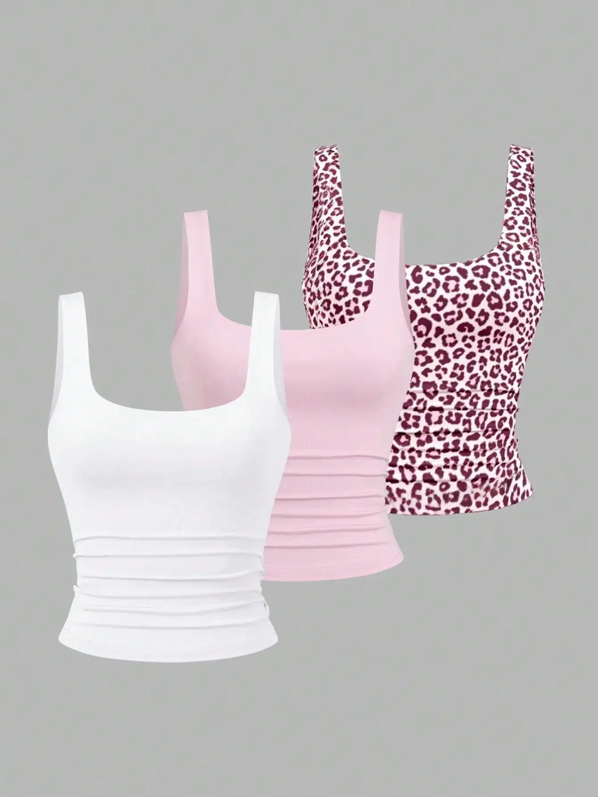 Women's Ruched Square Neck Tank Top Set, Casual Summer Floral & Solid Colors