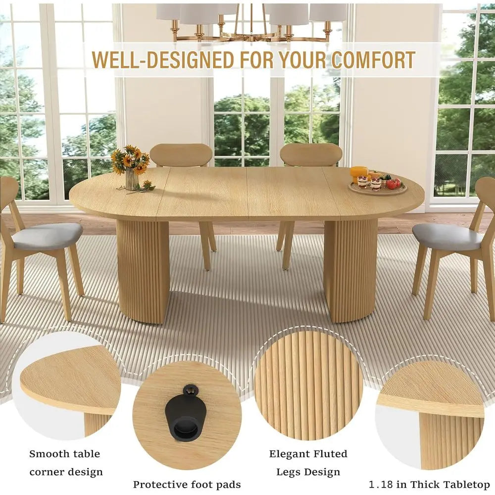 Expandable 4-8 Seater Oval Dining Table with Natural Luted Base for Kitchen, Living, and Dining Rooms