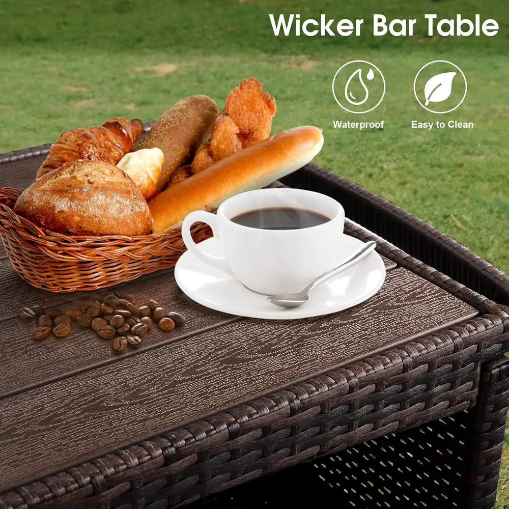 Brown Outdoor Bar Cart with Storage, Rolling Wheels, and Patio Bar Table for Poolside Kitchen