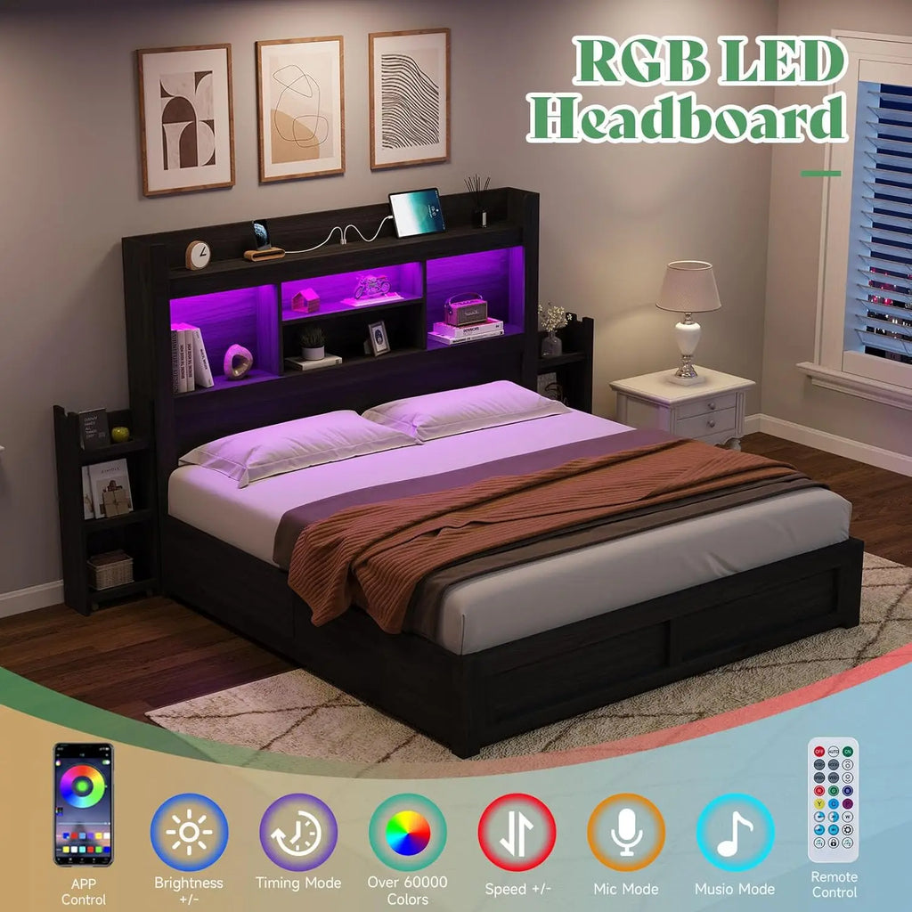 Queen Storage Bed Frame with LED Headboard Bookcase Charging Station 2 Slide Shelves No Box Spring Black, Customized