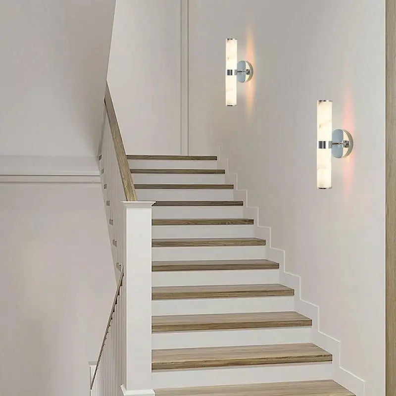 Set of 2 Resin Faux Marble Chrome Wall Sconces, Modern Vertical Light Fixtures for Indoor Use in Bathrooms, Hallways, and