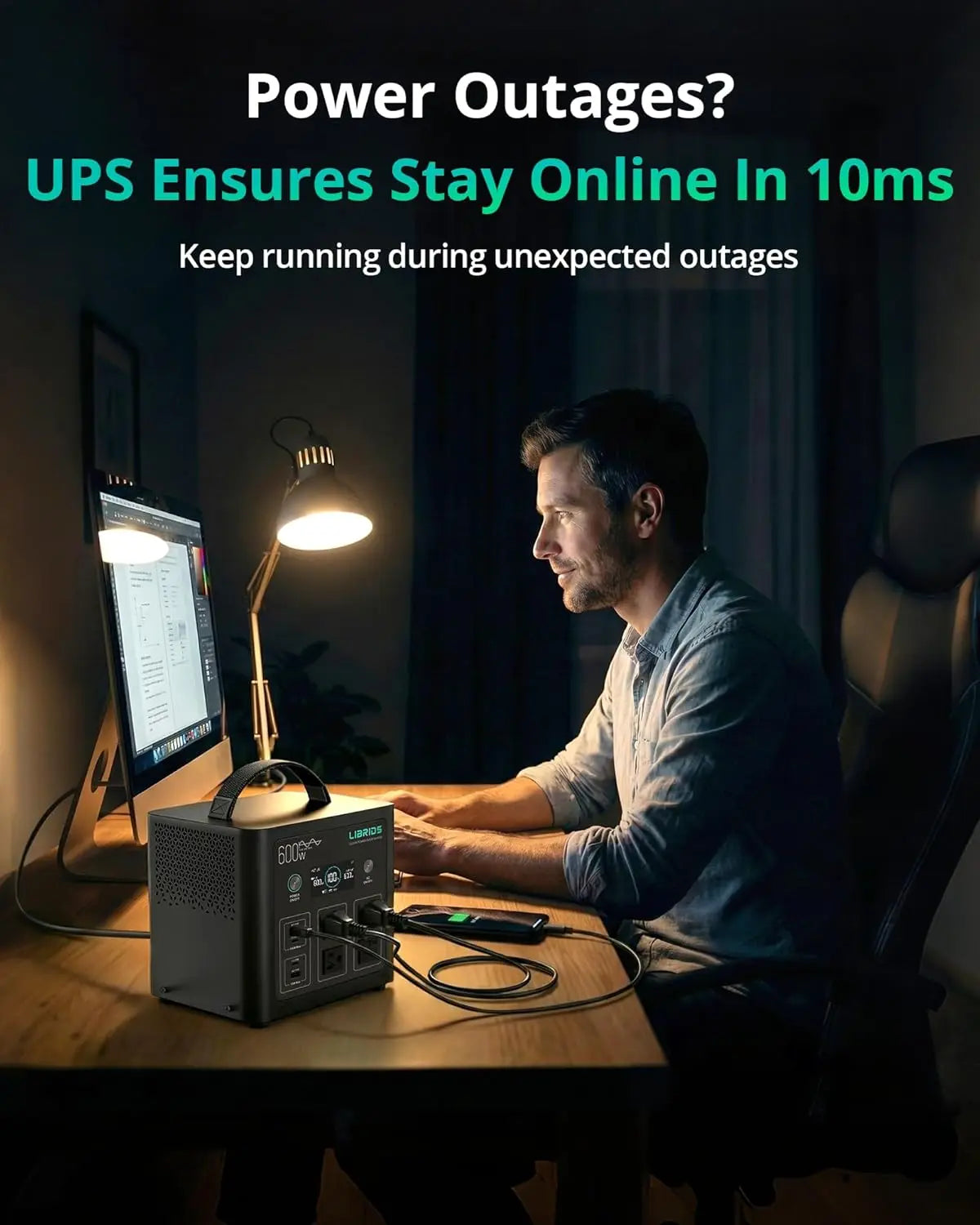 Grey Portable Power Station 600Wh 600W Solar Generator LiFePO4 Battery Fast Charge UPS 8 Ports 4 AC Camping Home Backup Outages