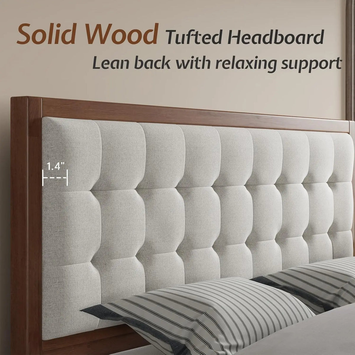 Solid Wood Queen Size Bed Frame 50.2" Tall Upholstered Headboard, No Box Spring Needed, Walnut, Customized