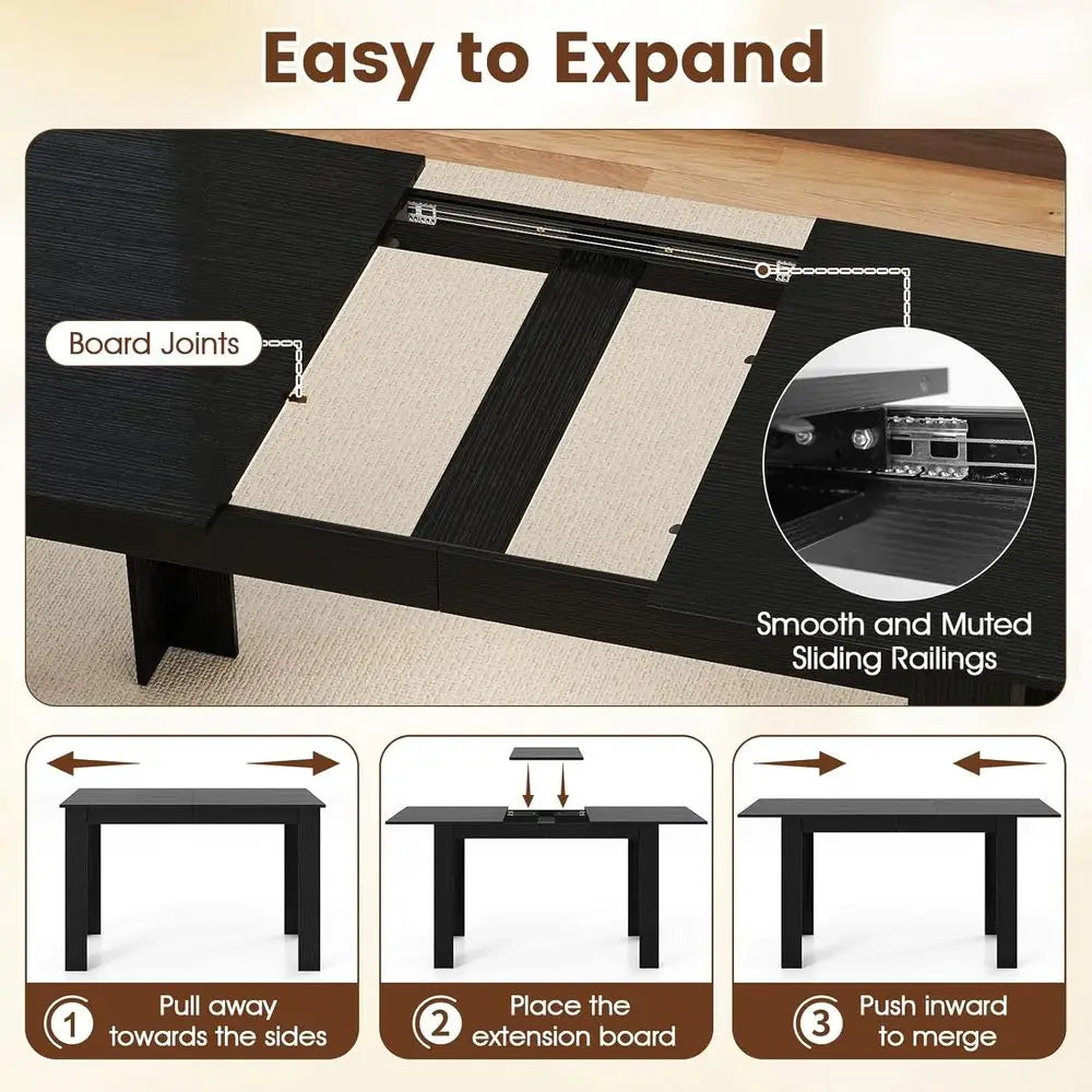 47-62 Inch Extendable Dining Table with L-Shaped Legs for Kitchen & Dining Rooms - Black