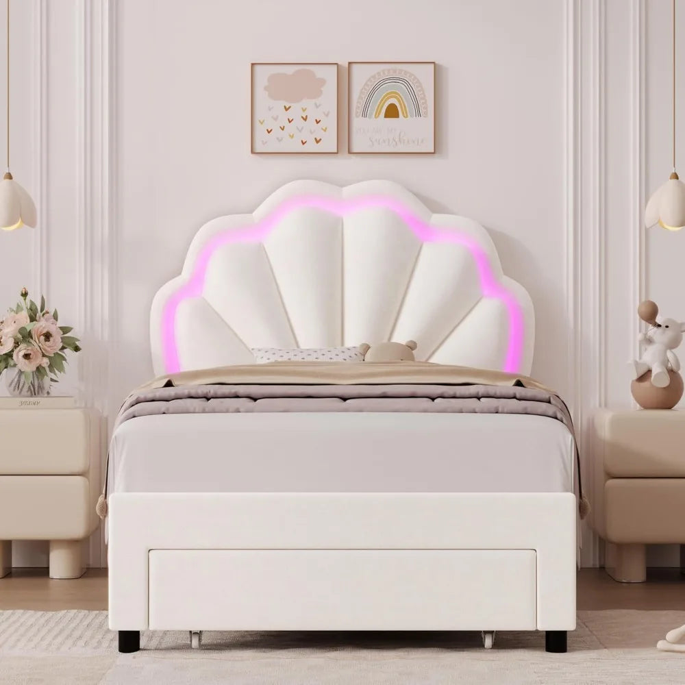 HIFIT 2 Set Twin Bed Frame with Storage and LED Light for Girls, Twin Size Upholstered LED Bed Frame with Drawer & Chic Double P