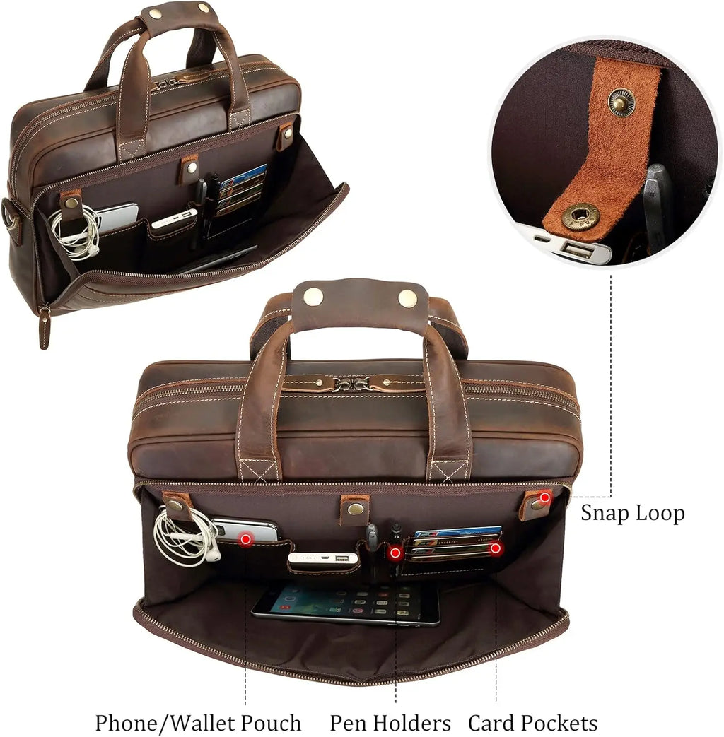 Full Grain Leather Laptop Briefcase for Men, Fits 15.6'' Computer, Business Messenger Work Bag