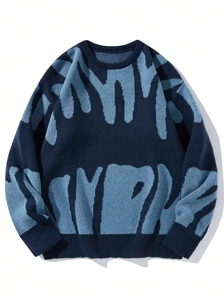 Men's Oversized Graphic Knit Sweater with Bold Black Pattern, Fall Winter Casual Wear
