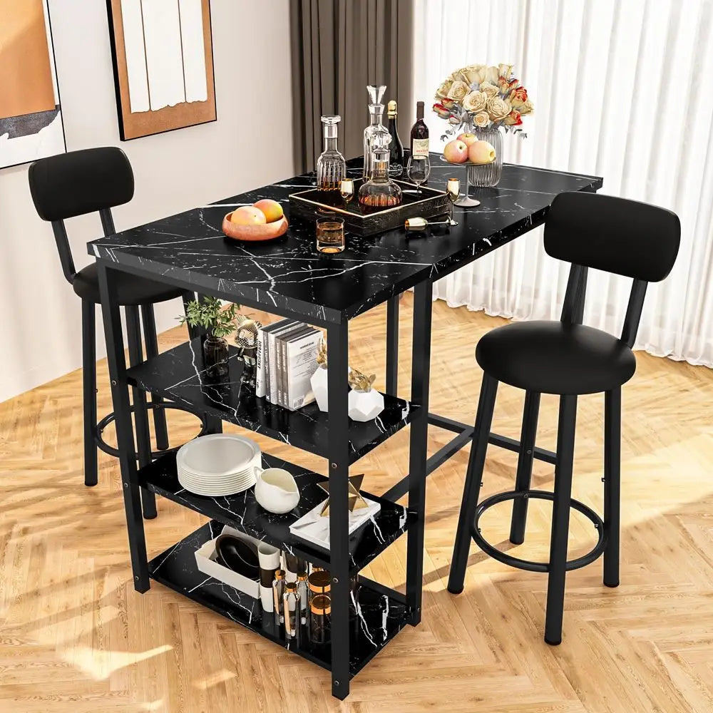 Dining Table Set for 2, Bar Table and Chairs Set with 3 Storage Shelves, Tall Dining with 2 PU Leather Backrest Stools for Small