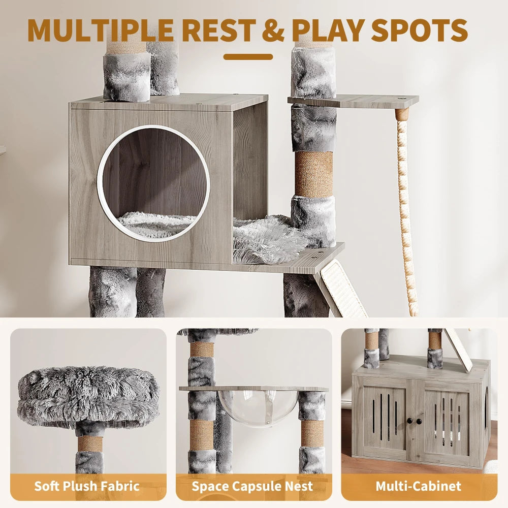 66.9" Cat Tree With Litter Box Enclosure Modern Cat Tower With Storage Cabinet Sisal Scratching Post Multi-Layer Activity Areas
