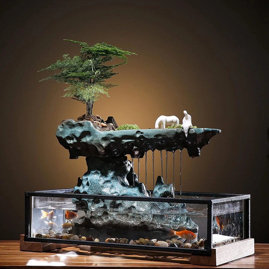 Tabletop Water Fountain with Aquarium and Rockery Indoor Water Fountain with Power Cord and Pump for Home Office Decor 16.9\" L X