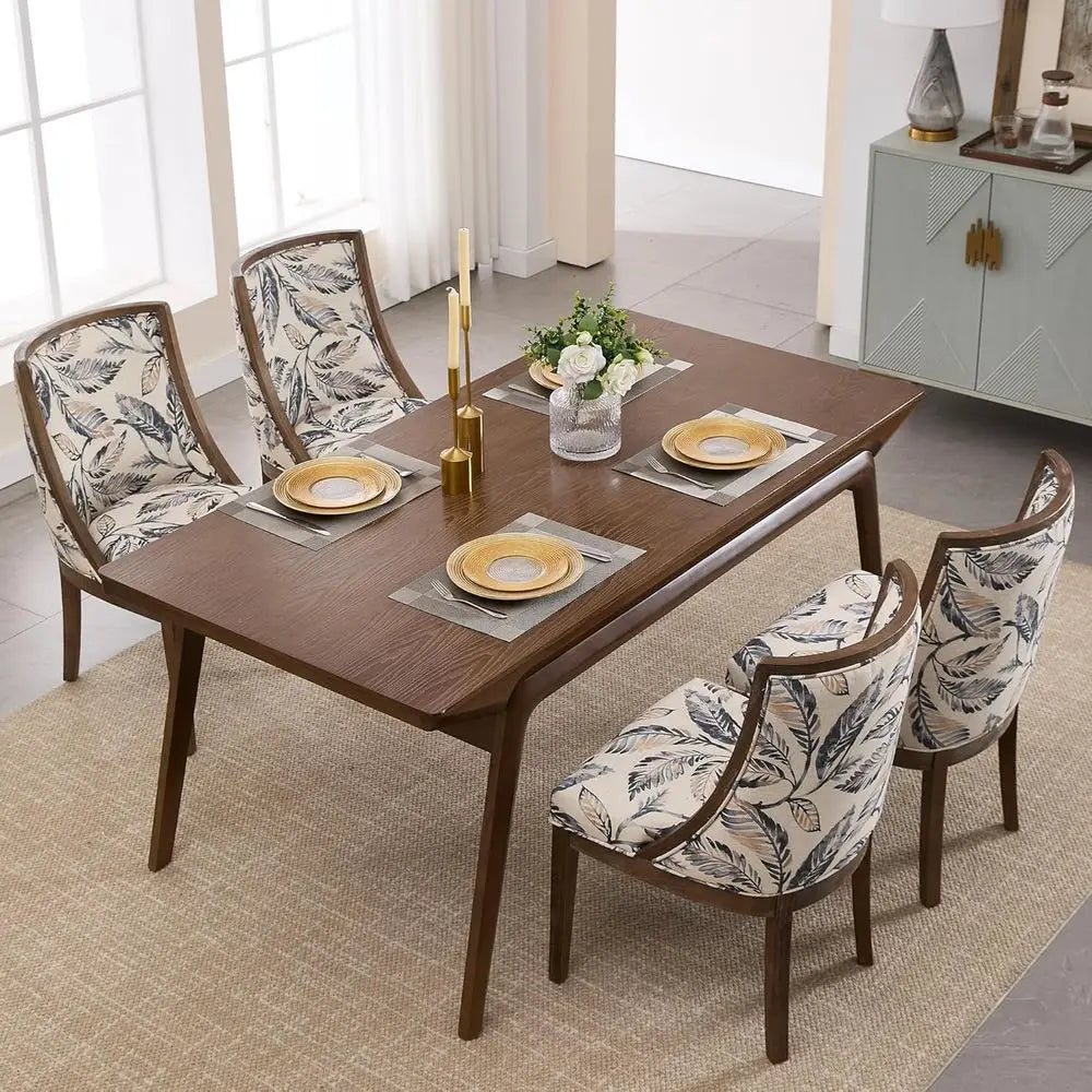Upholstered Dining Chairs Set of 2, Curved High Back, Walnut Legs, Linen Floral Padded Seat